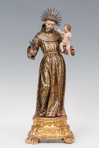 Spanish-Philippine School; ca. 1700.
"Saint Anthony of Padua with Child".
Carved wood, gilded and polychrome. Silver potencies.
Presents faults in the