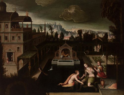 Madrid school; around 1620.
"Bathsheba's Bath"
Oil on canvas. Rentered in the 19th century.
It has an old frame.