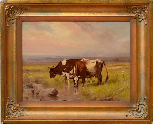 ATTRIBUTED TO ALBION HARRIS BICKNELL (1837-1915): TWO COWS AT A WATERING HOLE