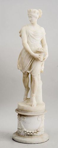 ITALIAN CARVED ALABASTER FIGURE OF A CLASSICAL MAIDEN, AFTER THE ANTIQUE