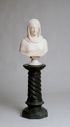 ITALIAN CARVED MARBLE BUST OF A MAIDEN, ON VERDE ANTICO MARBLE PEDESTAL