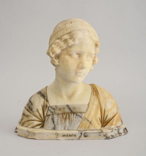 FRENCH CARVED MARBLE AND ALABASTER BUST OF MIGNON