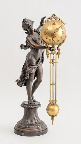 FRENCH BRONZE PATINATED POT METAL AND GILT-METAL FIGURAL CLOCK
