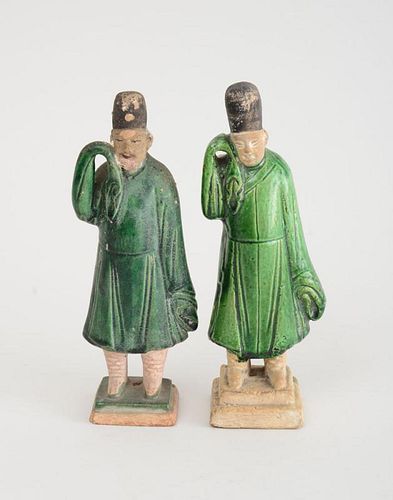 TWO SIMILAR CHINESE HAN TYPE PARTIAL-GLAZED FIGURES OF MOURNERS