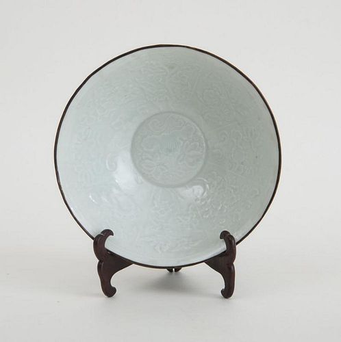 CHINESE PALE CELADON-GLAZED BOWL WITH COPPER RIM
