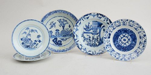 CHINESE BLUE AND WHITE PORCELAIN SHALLOW BOWL, A PAIR OF PLATES AND TWO SINGLE PLATES