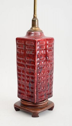 CHINESE ARCHAIC STYLE FLAMBÉ-GLAZED ANGULAR VASE, MOUNTED AS A LAMP