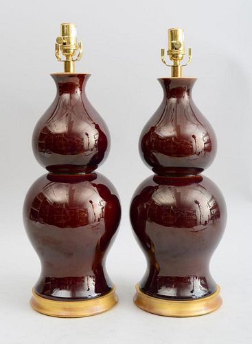 PAIR OF CHINESE STYLE OX BLOOD GLAZED PORCELAIN DOUBLE GOURD-FORM LAMPS, BY FELICIA BISHOP