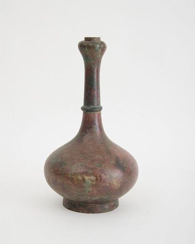CHINESE GREEN AND RED PATINATED METAL BOTTLE VASE