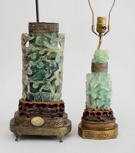 TWO CHINESE CARVED GREEN ROCK CRYSTAL VASES AND COVERS, MOUNTED LAMPS