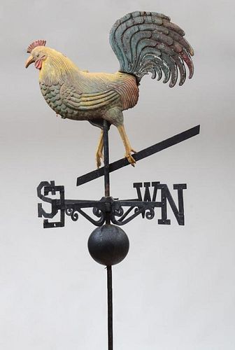 PAINTED CAST-IRON AND WOOD ROOSTER WEATHERVANE
