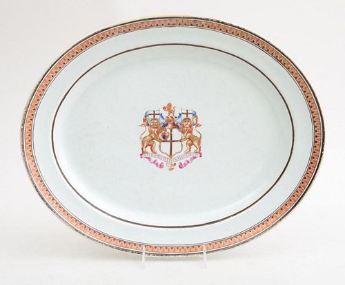CHINESE EXPORT ARMORIAL FAMILLE ROSE PORCELAIN OVAL PLATTER