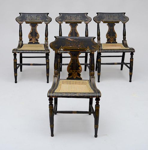SET OF FOUR AMERICAN FANCY PAINTED AND CANED SIDE CHAIRS