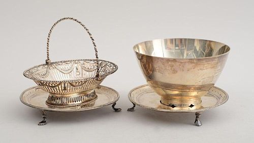 PAIR OF IRISH GEORGE III ENGRAVED SILVER CIRCULAR WAITERS, A GEORGE III SMALL BASKET AND A TIFFANY & CO. BOWL