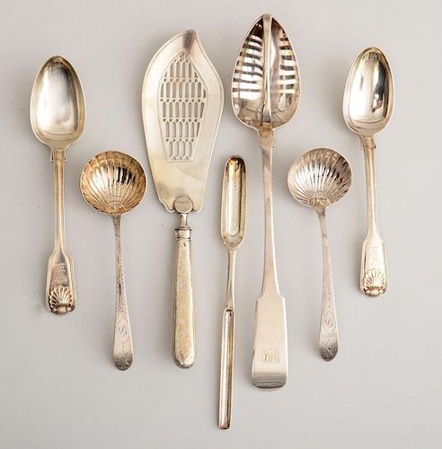GROUP OF SEVEN GEORGIAN AND VICTORIAN SILVER FLATWARE ARTICLES