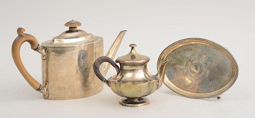 GEORGE III ENGRAVED SILVER TEAPOT AND MATCHING STAND AND A LATER INDIVIDUAL TEA POT