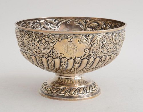 ENGLISH REPOUSSÉ AND MONOGRAMMED SILVER FOOTED PUNCH BOWL