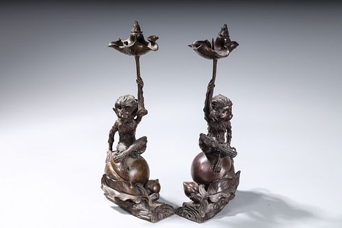 Pair Chinese Bronze Monkey-Form Candlesticks