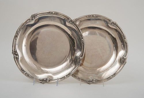 PAIR OF FRENCH MONOGRAMMED SILVER CIRCULAR DISHES