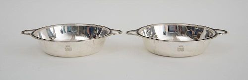 PAIR OF MODERN FRENCH ARMORIAL SILVER TWO-HANDLED BOWLS