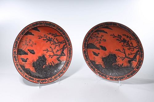 Two Chinese Red Ground Porcelain Chargers