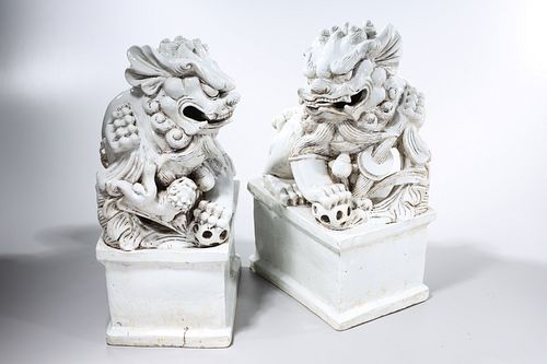 Pair Chinese White Glazed Porcelain Fo Lions