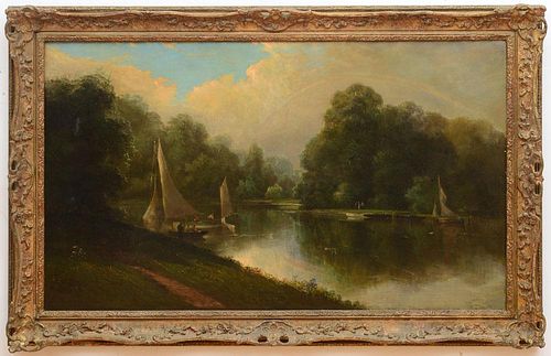 GEORGE WILSON: RIVER LANDSCAPE WITH SAILBOATS