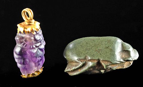 Egyptian Gold & Amethyst Bes & Stone Scarab, Ex Arte