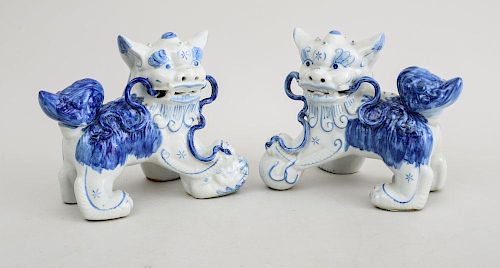PAIR OF ARITA TYPE BLUE AND WHITE PORCELAIN SHI SHI DOGS