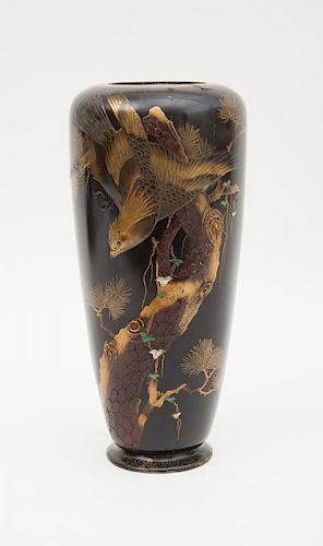 JAPANESE BLACK LACQUER, PARCEL-GILT AND ABALONE-INLAID VASE, MEIJI PERIOD