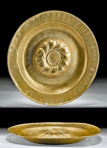 Inscribed 15th C. European Brass Alms Plate
