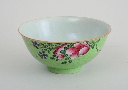 MODERN CHINESE INCISED AND ENAMEL-DECORATED LIME-GREEN-GLAZED BOWL
