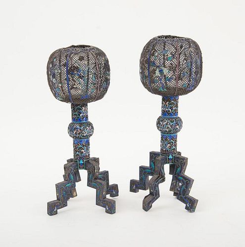 PAIR OF CHINESE METAL, WIRE AND ENAMEL CANDLESTICKS