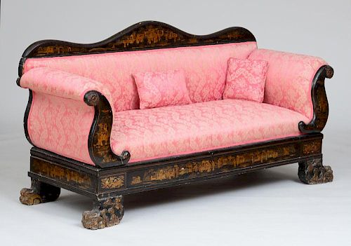 CHINESE EXPORT BLACK LACQUER AND PARCEL-GILT SETTEE