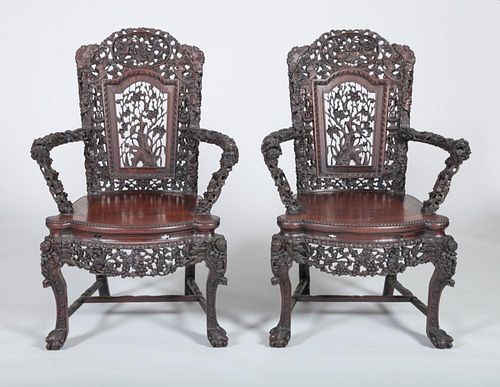 PAIR OF CHINESE CARVED HARDWOOD ARMCHAIRS