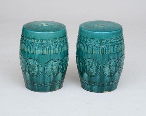 PAIR OF CHINESE TEAL GREEN GLAZED POTTERY BARREL-FORM GARDEN SEATS
