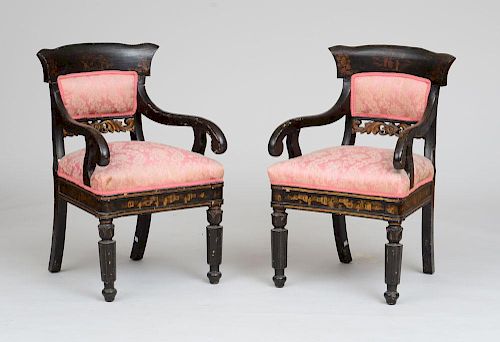 PAIR OF CHINESE EXPORT BLACK LACQUER AND PARCEL-GILT ARMCHAIRS