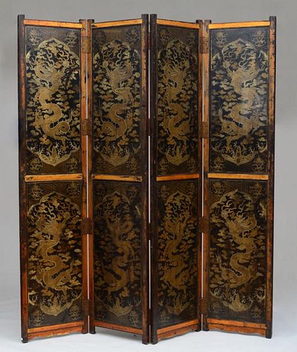 CHINESE BLACK LACQUER AND PARCEL-GILT FOUR-PANEL SCREEN