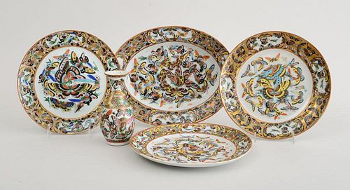 GROUP OF FIVE CANTON PORCELAIN "BUTTERFLY" ARTICLES