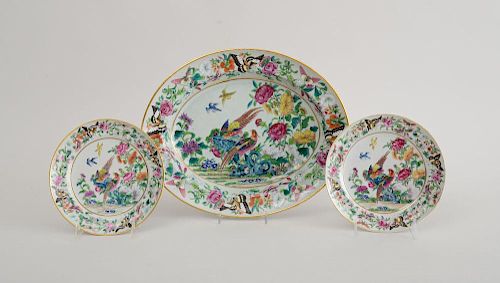 CANTON ROSE MEDALLION PORCELAIN OVAL PLATTER AND TWO MATCHING PLATES