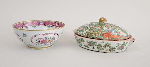 CANTON ROSE MEDALLION PORCELAIN OVAL WARMING DISH AND COVER AND A FAMILLE ROSE STYLE PUNCH BOWL
