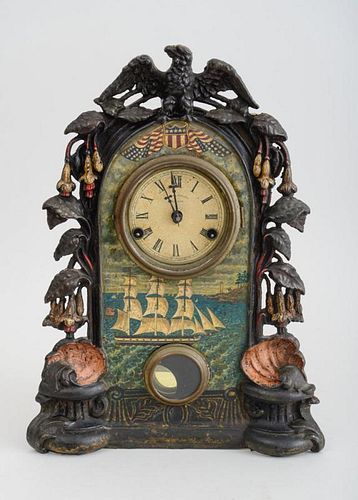 AMERICAN CAST IRON AND PAINTED SHELF CLOCK