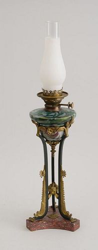 AMERICAN GILT-METAL, GLASS AND MARBLEIZED "OIL" LAMP