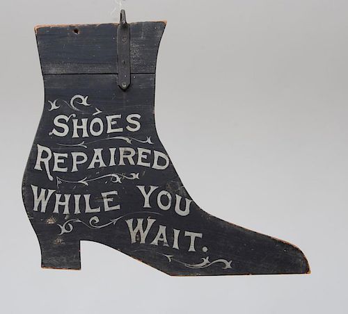 PAINTED WOOD SHOP SIGN, SHOES REPAIRED WHILE YOU WAIT