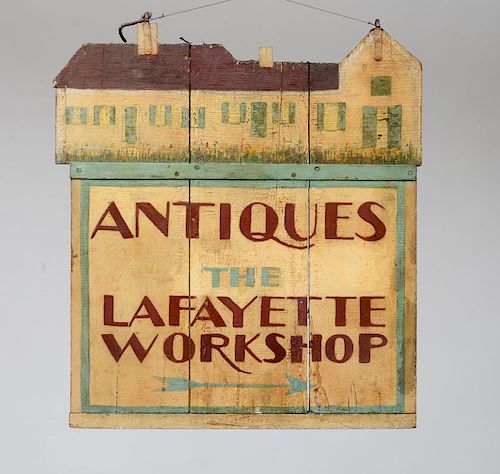 CARVED AND PAINTED PINE TRADE SIGN, ANTIQUES, THE LAFAYETTE WORKSHOP