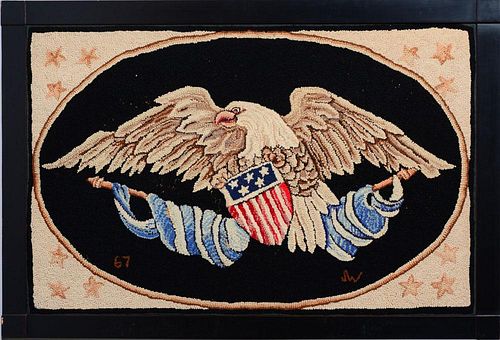 HOOKED RUG OF AN AMERICAN EAGLE WITH SHIELD AND CEREMONIAL FLAGS