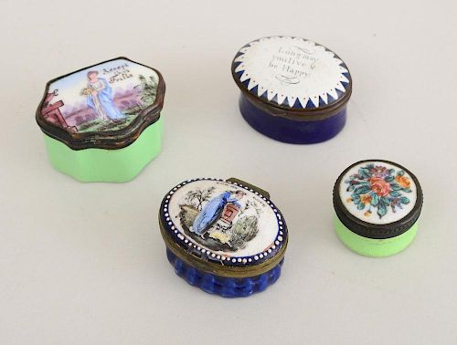 GROUP OF FOUR SOUTH STAFFORDSHIRE ENAMEL TRIFLE BOXES