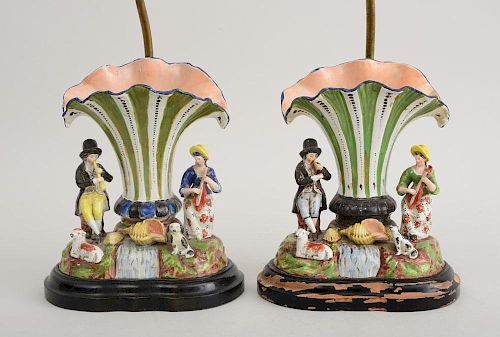 PAIR OF STAFFORDSHIRE PEARLWARE GROUPS, MOUNTED AS LAMPS