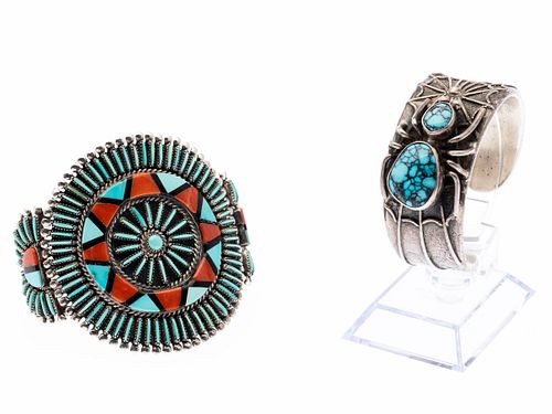 Two Native American Silver and Turquoise Bracelets
