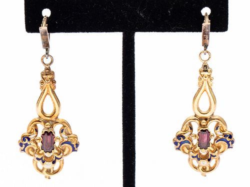 Pair of Victorian 18K Gold, Enamel & Garnet Earrings